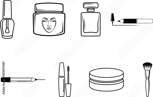 Collection of cosmetic products and makeup tools, makeup,  nail polish, face cream