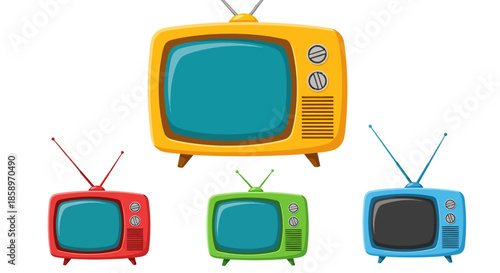 A collection of colorful retro television sets with antennas, depicted in a charming cartoon vector illustration style on a clean white background.