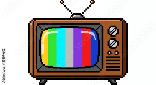 A charming retro television set, rendered in a pixel art vector style, displays a vibrant colorful test pattern on its screen, evoking nostalgic digital media.