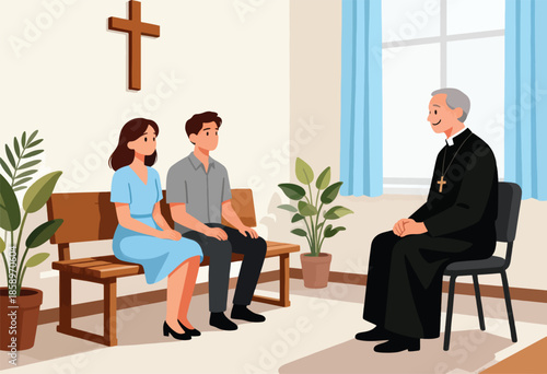 Couple speaks with a priest in a room with plants and a cross