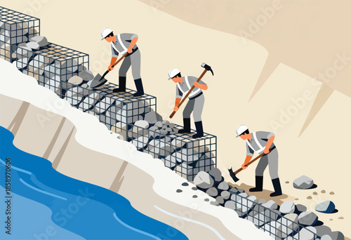 Construction workers build retaining walls with rocks and wire cages by a body of water