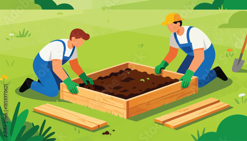 Two people prepare a garden bed, filling it with dark soil and surrounding it with wood