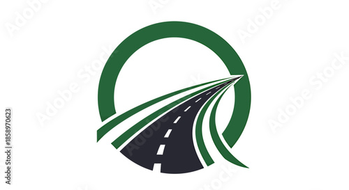 Abstract road logo with green circle and highway illustration for transportation concept.