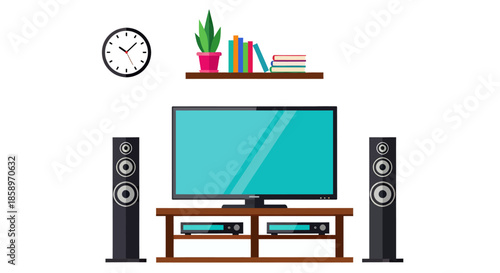 Modern living room interior with television, speakers, shelf, clock, books, and plant illustration.