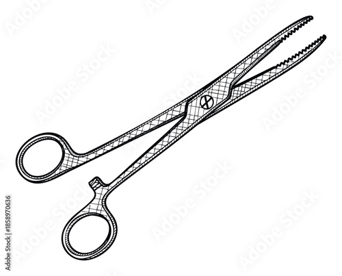 Essential medical instrument sketch depicting a surgical hemostat with serrated jaws and finger rings, perfect for educational materials, healthcare presentations, or scientific articles