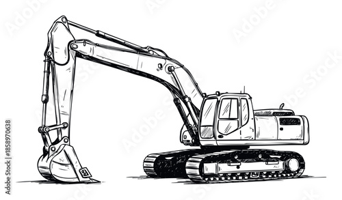 Detailed sketch of a powerful excavator ready for heavy industrial construction projects and groundworks, perfect for engineering plans and machinery graphics