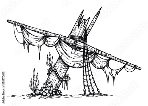 Sunken shipwreck mast and tattered sail drawing, a historical marine adventure graphic for pirate themed projects, game assets, or educational materials related to ocean exploration.