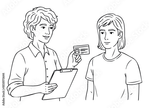 Professional presenting an official identification badge and holding a clipboard while engaging with an individual for a secure verification or entry process