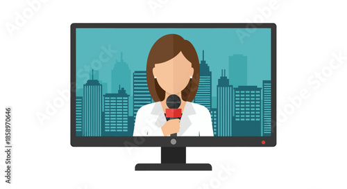 A female news reporter is depicted on a modern television screen, holding a microphone in a flat vector illustration style with a city skyline background, representing broadcast media.