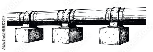 Large diameter industrial pipeline structure firmly supported by multiple robust concrete pedestals, rendered in a vintage technical drawing style, excellent for historical engineering