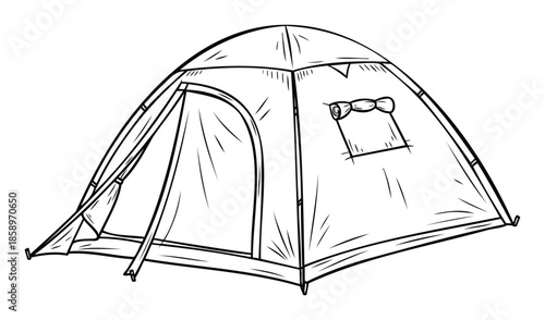 Monochrome line drawing of a classic dome tent offering comfortable shelter for outdoor enthusiasts and explorers, perfect for travel promotions and adventure themed educational materials.