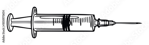 Essential medical syringe graphic for healthcare illustrations, pharmaceutical advertisements, and educational materials about injections and vaccinations for public health campaigns.