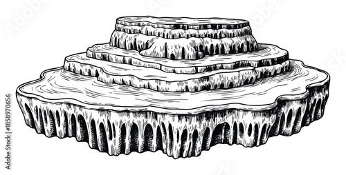 Tiered natural landscape element depicting a waterfall or hot spring terrace with intricate line work, perfect for conceptual scenery, travel brochures, or science illustrations.