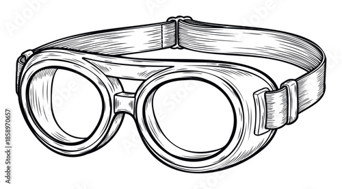 A detailed black and white engraving style depiction of classic vintage goggles with an elastic strap, perfect for projects related to aviation, steampunk culture, or historical adventure