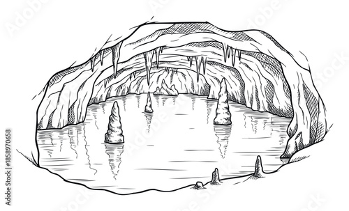Subterranean cavern featuring a tranquil underground lake reflecting towering stalagmites and dripping stalactites, perfect for educational resources, game settings, or natural wonder