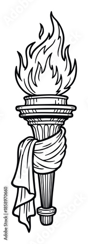 Classic black and white line drawing of a powerful flaming torch wrapped with drapery symbolizing strength and enlightenment perfect for historical, educational, or motivational graphic