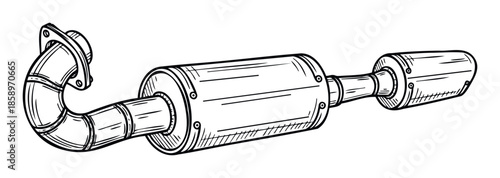 Detailed line drawing of a motorcycle exhaust muffler with connecting pipe, essential for automotive repair instructions, custom bike building references, or spare parts advertisements.
