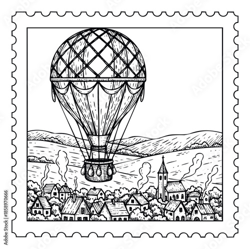 Oldfashioned hot air balloon flying gracefully over a charming, rustic village with a church and rolling hills, framed like a vintage postage stamp, perfect for historical themes and