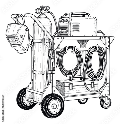 Heavy duty welding cart equipped with a gas cylinder, professional welding machine, helmet, and cables, ideal for industrial workshop tool supplies or manufacturing advertisements