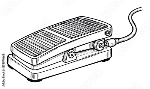 Line drawing style graphic of a foot pedal switch featuring a ribbed surface and a power cable connection, suitable for depicting industrial machinery controls or musical instrument