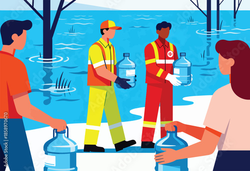 People receiving water jugs from rescue workers during a flood