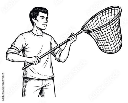 A determined young man holds a large net, ready for catching butterflies or exploring nature, perfect for projects about hobbies, pursuit, or outdoor activities.