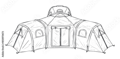 Detailed black and white line drawing of a large multi room modular camping tent system perfect for outdoor adventure and travel equipment brochures and recreation activities