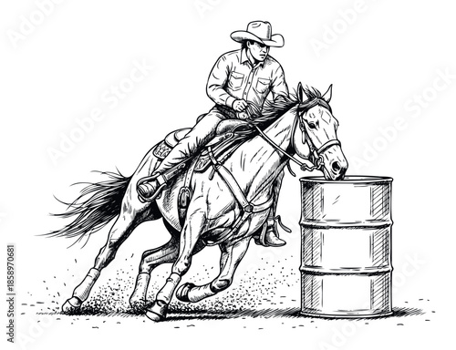 Cowboy on a powerful horse swiftly navigates around a barrel during an intense rodeo competition, ideal for equestrian sports publications and western culture themed promotions
