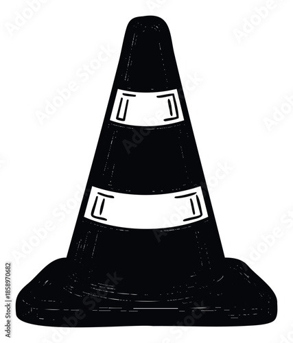 A bold black traffic safety cone with two prominent white reflective stripes indicating hazard warning and road work suitable for signage or infrastructure communication materials.