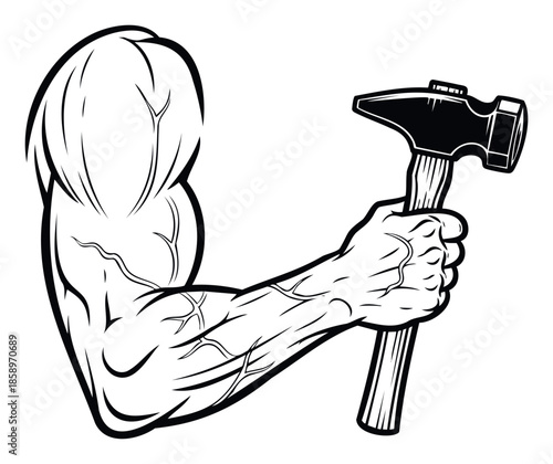 Strong muscular arm holding a hammer, symbolizing power, strength, and hard work, perfect for construction, fitness, or DIY related marketing and branding.