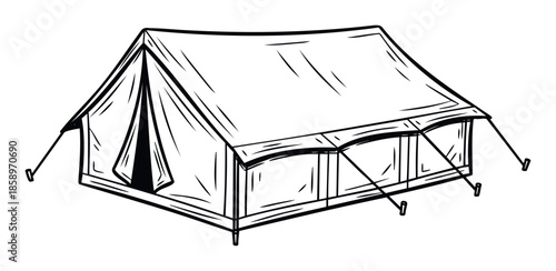 Classic camping tent sketch representing outdoor adventure and wilderness exploration perfect for travel blogs, nature themed projects, and summer camp promotions.