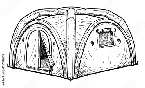 Black and white hand drawn sketch of a modern inflatable camping tent, perfect for illustrating outdoor travel blogs, wilderness survival guides, and adventure equipment catalogs.