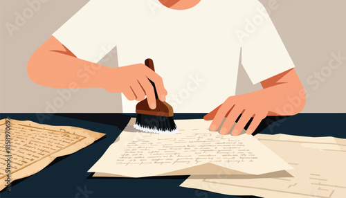 Hands clean old documents with a brush, revealing hidden text