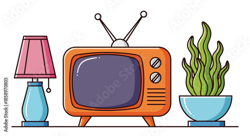 A charming retro television set, a stylish table lamp, and a vibrant potted plant are beautifully arranged in a modern vector illustration.