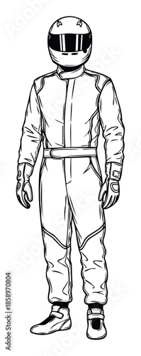 Full body line drawing of a race car driver in a protective suit and helmet ready for speed and competition ideal for sports apparel and automotive graphic projects