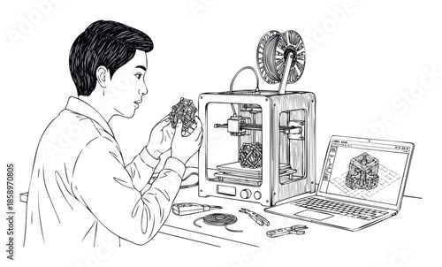 An Asian engineer carefully examining a newly created threedimensional prototype with an additive manufacturing machine and laptop on a desk, ideal for showcasing innovation or educational