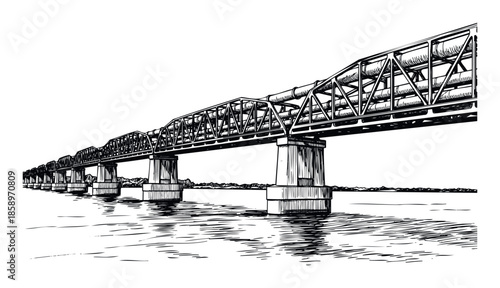 Long black and white sketch of a truss bridge with multiple spans and pipes over a wide river, useful for architecture, infrastructure, or engineering related publications.