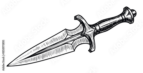 Stylized medieval dagger featuring a sharp blade and ornate hilt, perfect for historical weapon imagery or fantasy adventure game asset.