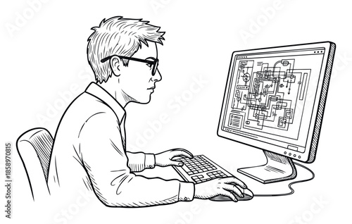 Focused young man with glasses diligently working on a computer displaying a detailed electronic circuit diagram, ideal for illustrating engineering, programming, or technical innovation