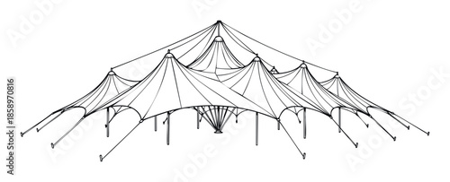 Sprawling event tent design featuring multiple peaks and intricate rope supports offers a grand architectural solution for outdoor gatherings, festivals, and exhibition spaces