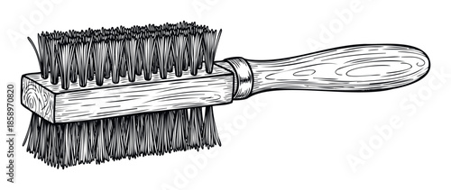 Handdrawn vintage style doublesided cleaning brush with a wooden handle, useful for various household cleaning and grooming tasks for a rustic or traditional aesthetic