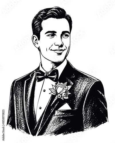 Smiling gentleman in a sophisticated tuxedo and bow tie, adorned with a rose boutonniere, ideal for wedding services and elegant celebration promotions