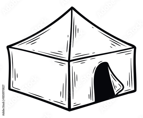 Hand drawn outline sketch of a classic camping tent with an open entrance, perfect for illustrating outdoor adventure guides, travel brochures, or nature themed educational resources