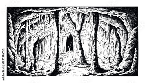 Discover a mysterious deep dark cavern with unique natural rock formations, stalactites, and towering stalagmites, leading to a winding pathway into an underground world, ideal for