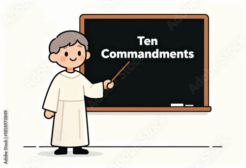 Smiling figure in religious attire points to "Ten Commandments" on a blackboard