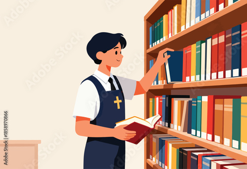 Youthful individual in uniform selects a book from a colorful, crowded shelf