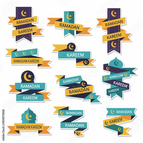Festive Ramadan Kareem Ribbon Banners for Celebration and Decoration in Vector Format