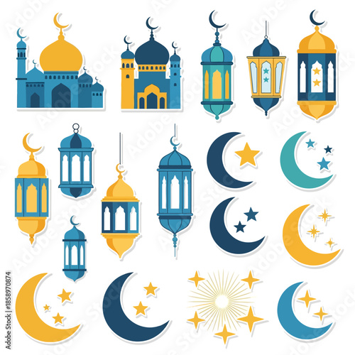 Ramadan Mubarak Elements Set Mosques, Lanterns, Crescent Moons, and Stars for Festive Design