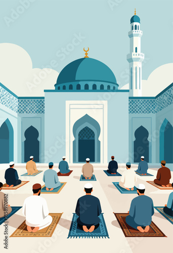 Men in traditional attire praying on mats in front of an Islamic building