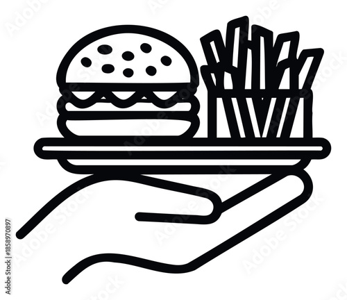 Iconic fast food meal presentation with a hand delivering a scrumptious hamburger and golden fries on a tray suitable for quick service restaurant branding and food industry communication.